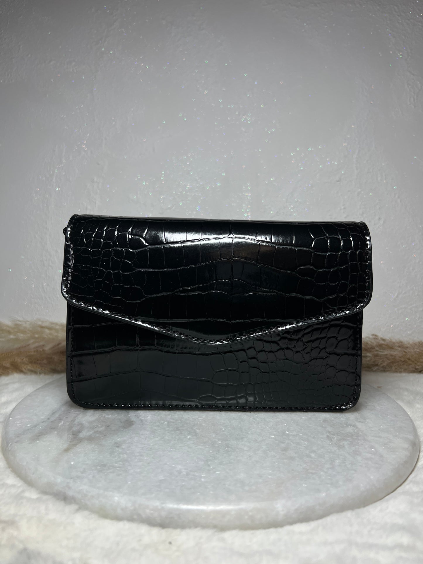 Croco tas met strap zwart PU